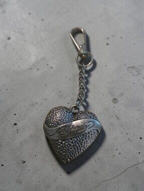 Ed Hardy Hammered Heart Keychain - Silver Tone Nwot